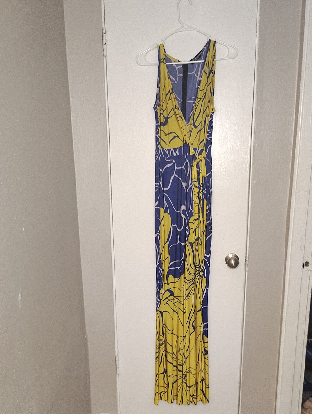 Sleeveless Blue and Yellow Floral Wrap-Front Dress
